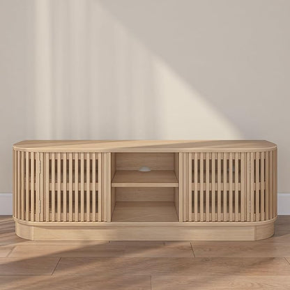 Plank+Beam Contour Wood TV Stand, Solid Wood Entertainment Console with Storage, 59" L x 16" W x 19" H, Blonde