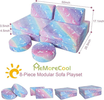 MeMoreCool Modular Glow Sofa for Kids, 8-Piece Convertible Foam Couch Play Set with Unicorn, Rainbow, and Star Pattern for Toddlers and Playroom