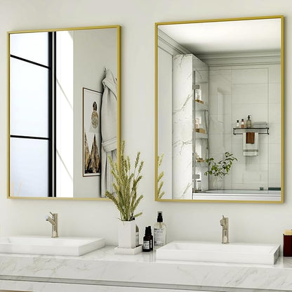 HARRITPURE 38"x26" Framed Bathroom Mirror for Wall Rectangle Mirror Aluminum Alloy Frame Wall-Mounted for Farmhouse Entryway Bedroom Living Room Gold