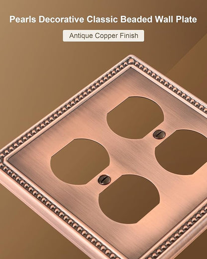 2-Pack Double Duplex Outlet Cover, Metal Switch Plates and Outlet Covers, Antique Copper Pearls Decorative Wall Plates for Electrical Outlets, 2 Gang Receptacle Cover, Corrosion Resistant