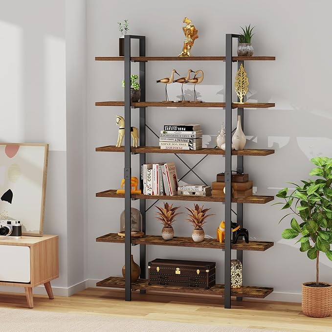 FRAPOW Bookshelf, 6 Tier Book Shelf 83Inch Tall Bookcase, Industrial Large Bookshelves Rustic Book Case with Open Metal Frame for Office, Bedroom, Farmhouse, Living Room