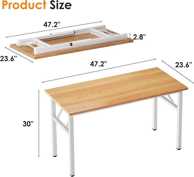 SDHYL 47 inches No Assembly Foldable Computer Desk for Home Office Workstation, Simple Folding Study and Writing Table with Metal Frame, Teak and White