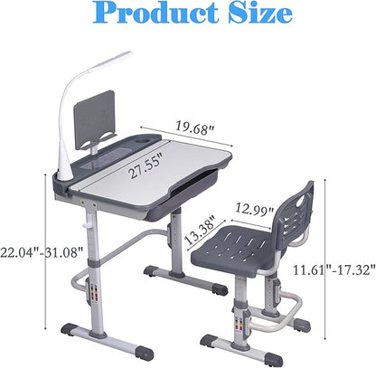 Kids' Desk and Chair Set, Height Adjustable Child's School Study Writing Tables with Tilt Desktop, LED Light, Storage Drawer, Book Stand(Grey)
