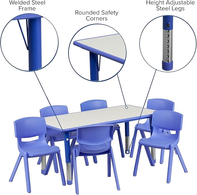 Flash Furniture Emmy Adjustable Classroom Activity Table with 6 Stackable Chairs, Plastic Activity Table for Kids, 23.625" W x 47.25" L, Blue/Gray