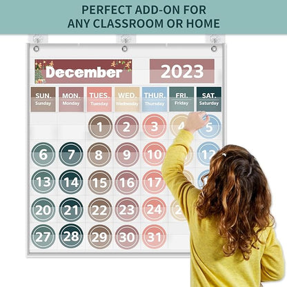 Monthly Calendar Pocket Chart for Classroom, Printed Days of The Week with Cards, Learning for Home or Kindergarten, Teacher Must Have Supplies That Fits Any School Décor (White)
