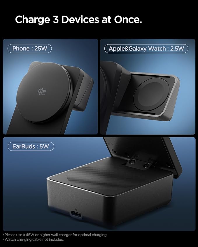 Spigen for Fast Wireless Charger Qi2.2 25W 3 in 1 Foldable Portable MagSafe Charger, Compatible with iPhone 17/16/15/14/13/12, AirPods 4/3 & Pro 3/2/1, Apple Watch, Galaxy S26 Series, Galaxy Watch