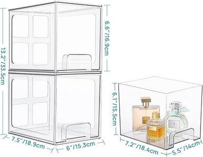 Vtopmart 2 Pack Stackable Storage Drawers, 6.6''Tall Acrylic Bathroom Makeup Organizers,Clear Plastic Storage Bins For Vanity, Undersink, Kitchen Cabinet,Pantry Organization and Storage