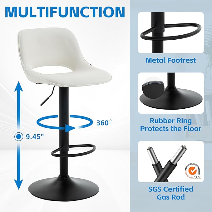 YOUNIKE Bar Stools Set of 2, Adjustable Counter Height Barstools Faux Leather Upholstered Counter Stools with Hollow Back for Kitchen Island, Warm White