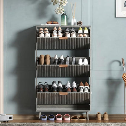Shoe Cabinet Storage,Modern Freestanding Organizer with 3 Flip Drawers,Narrow Shoe Rack Cabinet for Entryway,Grey