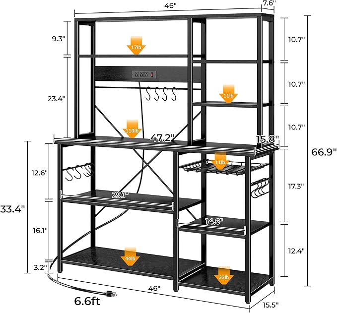 SUPERJARE Larger Bakers Rack with Power Outlets, 6-Tier Microwave Stand, Coffee Bar with 12 S-Shaped Hooks, Kitchen Shelf with Wire Basket, 47.2 x 15.5x 66.9 Inches, Black