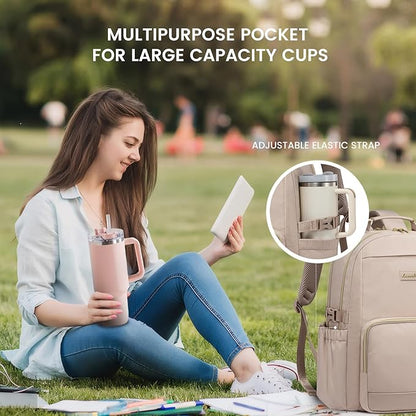 LOVEVOOK Laptop Backpack for Women with Pouch Pocket for Large Capacity Cup,15.6 Inch Laptop Computer Bag Travel Backpack Purse,Waterproof Work Business Backpack College Teacher Bags,Nude