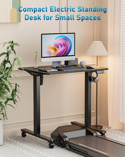 Small Height Adjustable Electric Standing Desk, 31.5" x 23.6" Sit Stand up Desk with Splice Board, Ergonomic Rising Computer Home Office Desk Table with Memory Preset, Black Frame/Black Top
