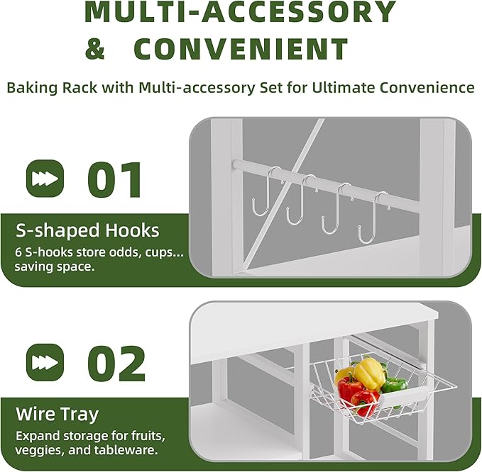 Baker’s Rack, Microwave Oven Stand with Bamboo Frame, 35.43" Coffee Bar with Wire Basket & 6 Hooks, 3-Tier Kitchen Storage Shelf Stand for Kitchen, Living Room, Office, White