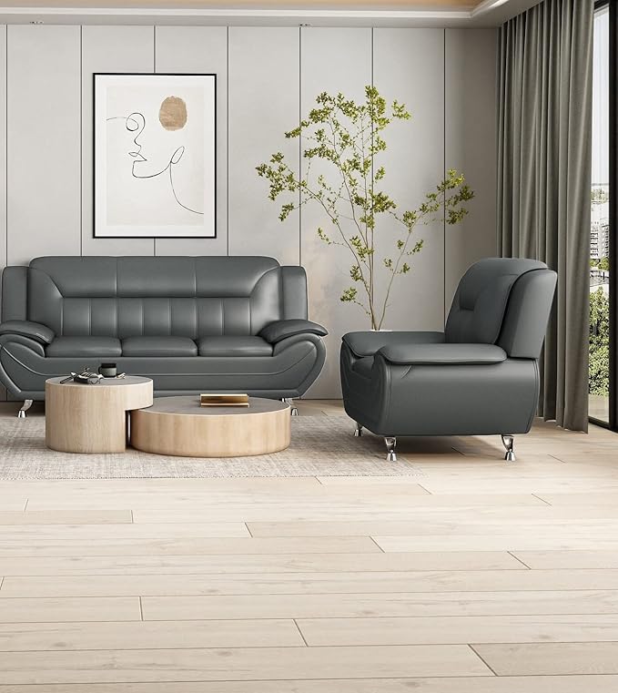 Container Furniture Direct Michael Modern Faux Leather Upholstered Stainless Steel Legs Living Room Sofa, Loveseat, Gray
