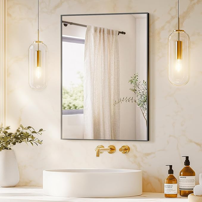 Bathroom Vanity Mirror for Wall, 20" x 30" Metal Framed Rectangular Bathroom Wall Mirror for Over Sink, HD Shatterproof Glass, Hangs Horizontally or Vertically(Black)