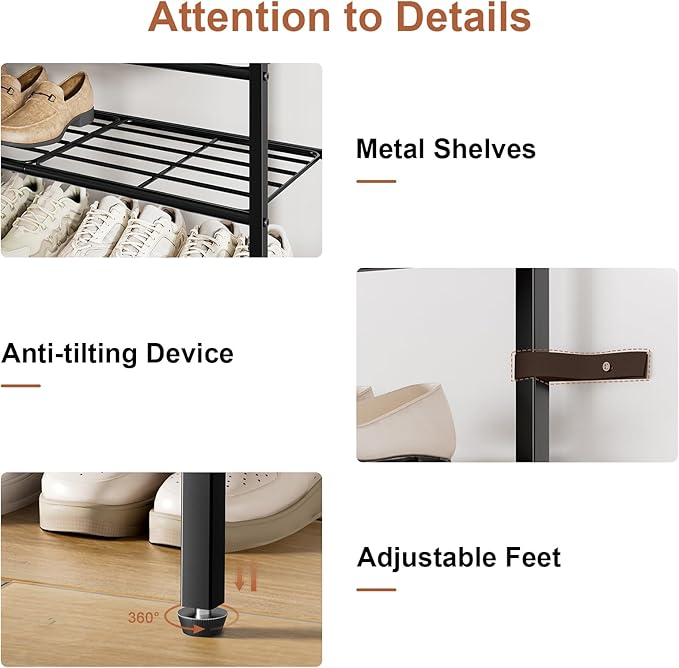 5-Tier Shoe Rack with 2 Fabric Drawers, Metal Frame and Wooden Board Shoe Organizer for 16-20 Pairs of Shoes, Shoe Shelf with Boots Storage for Entryway Closet Dark Brown