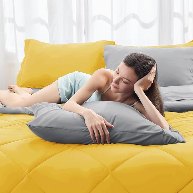HEVUMYI Cali-King Comforter Set - 7-Piece All Season Bed in a Bag Cali-King, Ultra Soft Bedding Set with Comforter, Flat Sheet, Fitted Sheet, Pillowcases, Pillow Shams, Yellow & Light Grey