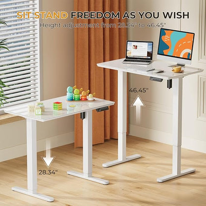 JOY worker Small Glass Standing Desk, 35" x 20" Electric Whole Piece Height Adjustable Desk with 4 Lockable Casters, Mobile White Sit to Stand Workstation for Home Office
