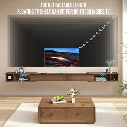Pmnianhua Retractable Length Floating TV Stand,Minimalist Floating TV Shelf,Wall Mounted TV Console,Adjustable 87'' to 122'' Floating Entertainment Center with Storage for Bedroom Living Room(Walnut)