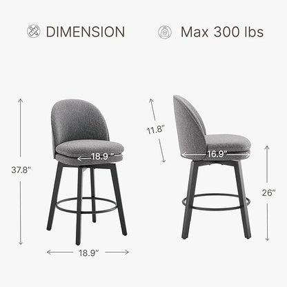 Counter Height Barstools 26 inch Upholstered Swivel Bar Stools with Back and Wood Legs for Kitchen Island,Set of 1,Dark Grey Fabric-Armless