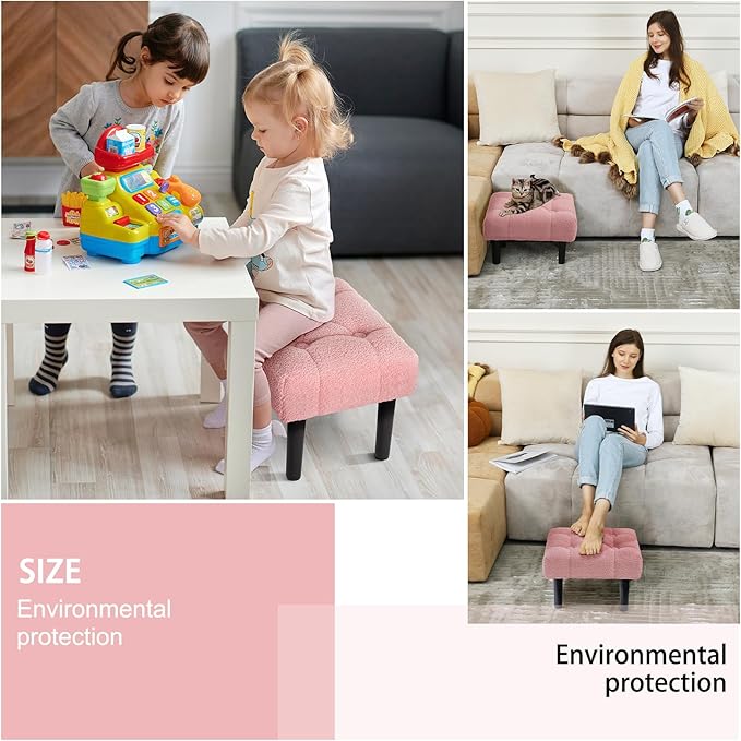 HOUCHICS Fur Padded Foot Stool, Small Ottoman Foot Rest with Wooden Legs,Modern Rectangle Chair Foot Rest Foot Step Stool for Living Room, Couch, Desk(Pink)