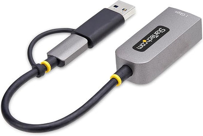 StarTech.com USB-C to Ethernet Adapter w/USB-A Dongle, 10/100/1000Mbps, USB GbE Adapter, 6in/15cm Attached Cable, Status LEDs