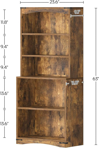 Tall Bookcase and Bookshelf, 6-Tier Bookcase with Storage, 63" Wooden Bookshelf, Farmhouse Freestanding Display Storage Shelves for Home Office, Living Room, Rustic Brown SJ09BR