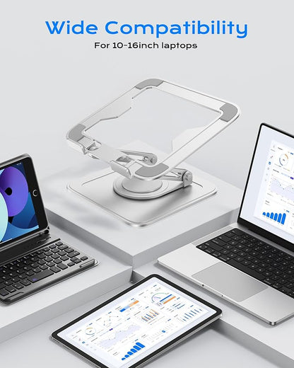 Adjustable Laptop Stand, Computer Stand with 360 Rotating Base, Ergonomic Laptop Riser Mount for Desk Foldable Protable Computer Desk Fits with MacBook Pro Air (10-16") - White