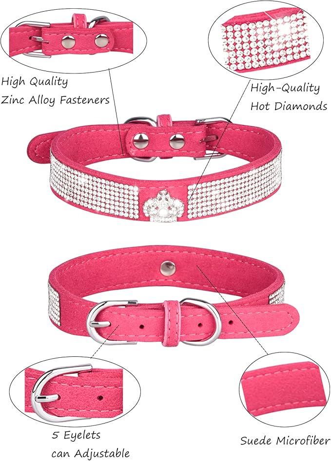 Dog Collar for Small Dogs, Adjustable Leather Suede Bling Dog Collars，Pink Dog Collar Cat Collar, Rhinestone Dog Collar (S, Rose red3)