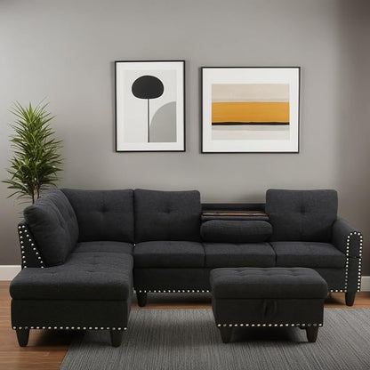 L Shaped Sectional Couches for Living Room, Modular 4 Seat Sofa with Ottoman Storage, Modern Couch with Chaise for Bedroom Apartment Furniture, Black