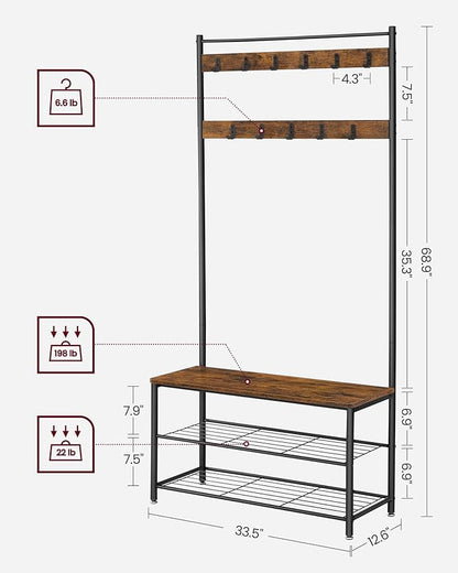 VASAGLE Coat Rack, Hall Tree with Shoe Storage Bench, Entryway Bench with Shoe Storage, 3-in-1, Steel Frame, for Entryway, 12.6 x 33.5 x 68.9 Inches, Industrial, Rustic Brown and Black UHSR401B01