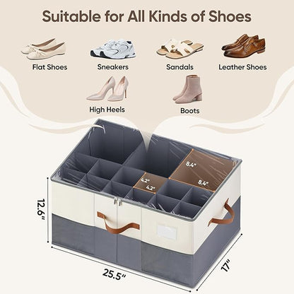 Shoe Organizer for Closet, 1 Pack Shoe Storage Container with Adjustable Dividers, Space Saving Shoe Box Storage Organizer Bin with Clear Lid and 4 Handles, Fits 12-24 Pairs, Beige & Grey