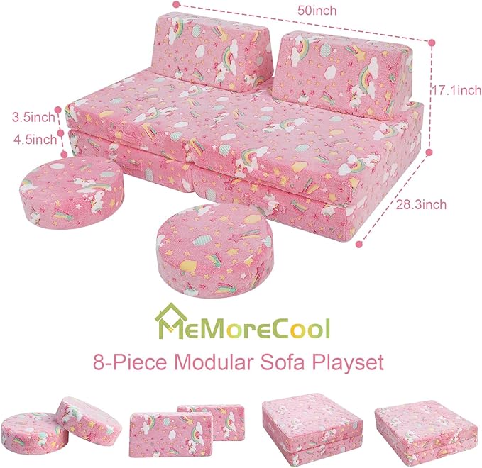 MeMoreCool Modular Pink Unicorn Glow-in-The-Dark Kids Play Couch, 8-Piece Convertible Toddler Sofa for Playroom