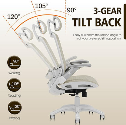 GABRYLLY Ergonomic Office Chair, High Back Home Desk Chair with Headrest, Flip-Up Arms, 90-120° Tilt Lock and Wide Cushion, 400LBS Mesh Chairs for Man Woman, White Task Chair(Beige,GY01WBG)