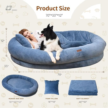 Human Dog Bed for Adult Kids, 70"x33"x12" Washable Faux Fur Human Size Dog Bed for People Doze Off, Grayish Blue
