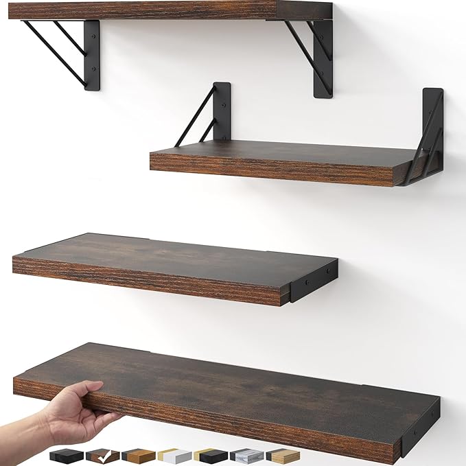 BAYKA Wall Shelves for Bedroom Decor, Floating Wall Shelves for Living Room Kitchen Storage, Wall Mounted Rustic Wood Floating Shelves for Kids Books, Corner Shelf for Bathroom(Rustic Brown，Set of 4)