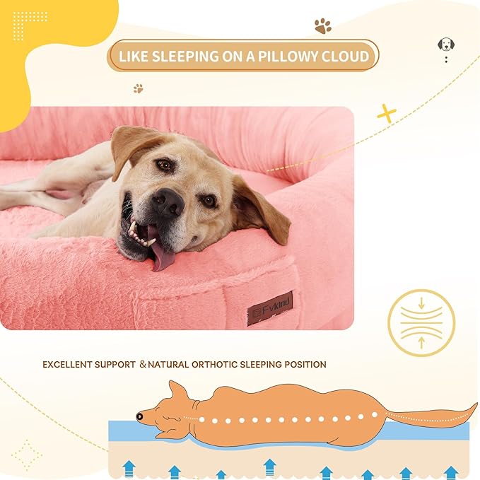 Human Dog Bed for Adults, 73"x56"x12" Washable Orthopedic Size, Faux Fur Removable, Cozy Large Present with Blanket and Pillow, Pink