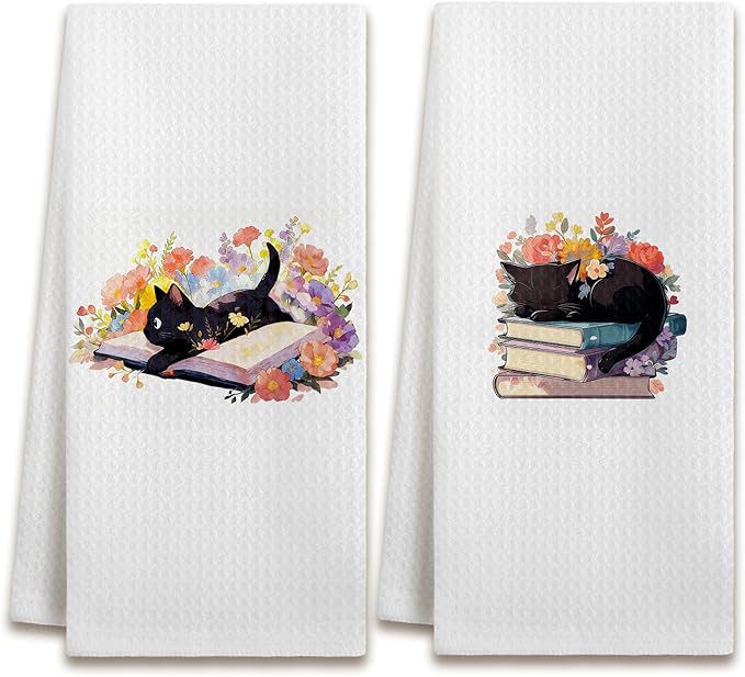Floral Bookish Black Cat Kitchen Dish Towels, Gifts for Books Lovers Reader, Black Cat Gifts for Women Decorative Hand Tea Towels for Bathroom Kitchen, 16x24 Inches Set of 2