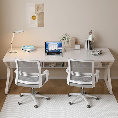 Extra Long Desk with Bookshelf - 71" Double Long Writing Table for 2-Person Workstation, Modern Study Work Computer Desk for Home and Office, Warm White