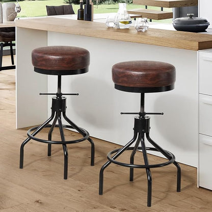 Counter Height Bar Stools Set of 3 Adjustable Swivel Barstools Industrial Modern PU Leather 28inch Round Backless Counter Height Stool Metal Bar Chair for Kitchen Island (3, Walnut)