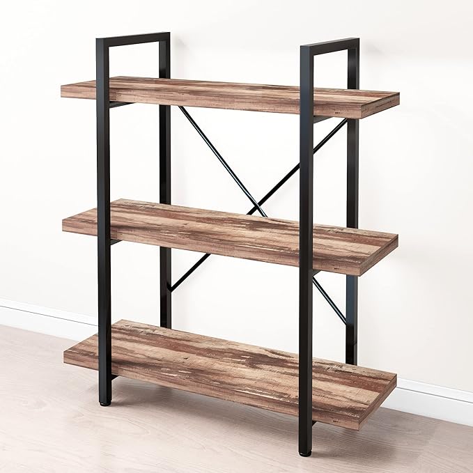 45MinST 3-Tier Vintage Industrial Style Bookcase/Metal and Wood Bookshelf Furniture for Collection,Vintage Brown, 3/4/5 Tier (3-Tier)