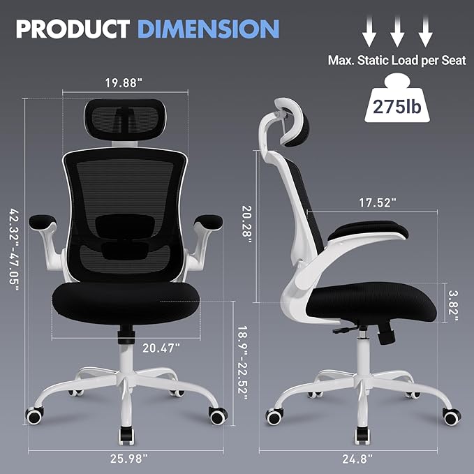 High Back Office Chair with Adjustable Lumbar Support & Headrest, Ergonomic Mesh Desk Chair with Flip-Up Armrests, Breathable & Comfortable Computer Chair for Home, Office & Study, Black