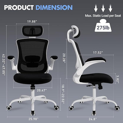 High Back Office Chair with Adjustable Lumbar Support & Headrest, Ergonomic Mesh Desk Chair with Flip-Up Armrests, Breathable & Comfortable Computer Chair for Home, Office & Study, Black