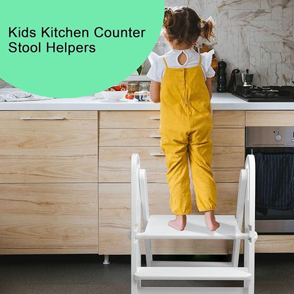WOOD CITY Step Stool Foldable for Toddlers, Adjustable Kids Step Stool for Bathroom Sink Toilet Potty Training Stool with Handles Child Kitchen Counter Stool Helper Montessori Kitchen Stools