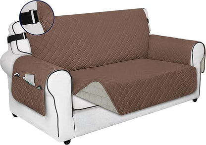 PureFit Reversible Sofa Cover Water Resistant Loveseat Couch Cover, Machine Washable Furniture Cover with Non-Slip Foam and Adjustable Strap for Dogs, Pets (Loveseat, Brown/Beige)
