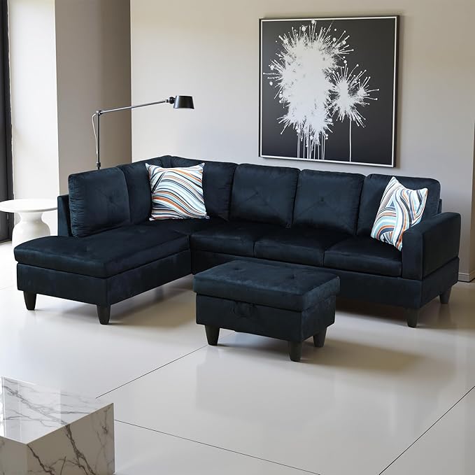 L Shaped Couch Modern Sectional Couch Upholstered Microfiber Fabric 3 Pieces Sofas for Living Room with Chaise, Storage Ottoman for Office and Small Apartment, Midnight Blue