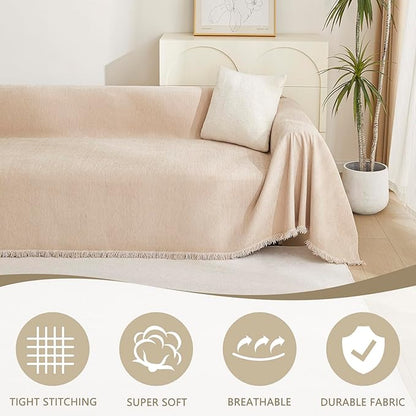 MYSKY HOME Couch Cover 3 Cushion Sofa With Tassel Chenille Slipcover for Sectional L Shaped Furniture, Dogs Protector, 71" X150", Khaki