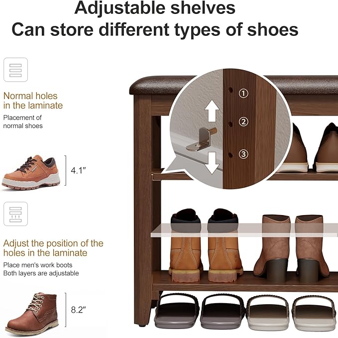 Shoe Bench with Leather Cushion, 3 Tiers Shoe Storage Bench Height Adjustable, Walnut Wood Entryway Bench for Hallway, Mudroom