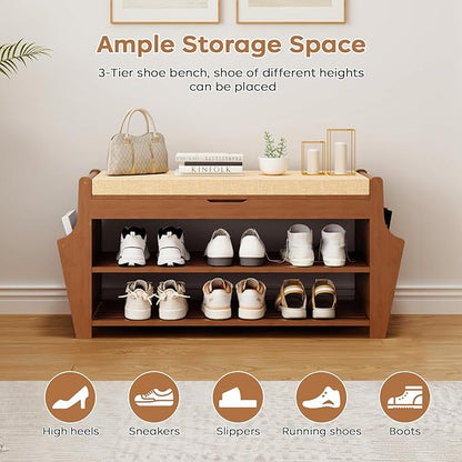 34.3in Shoe Bench, Bamboo 3-Tier Entryway Bench with Storage, Shoe Rack Organizer Holds Up to 330 lb, 34.3 x 11.8 x 18.9 Inches for Entryway Bedroom Closet Living Room Hallway