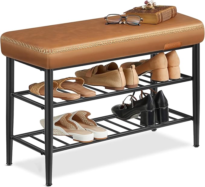 VASAGLE EKHO Collection - Shoe Rack Bench, Storage Bench for Entryway, Synthetic Leather with Stitching, Mid-Century Modern, Loads 300 lb, 11.8 x 31.5 x 19.7 Inches, Caramel Brown ULSB054K01
